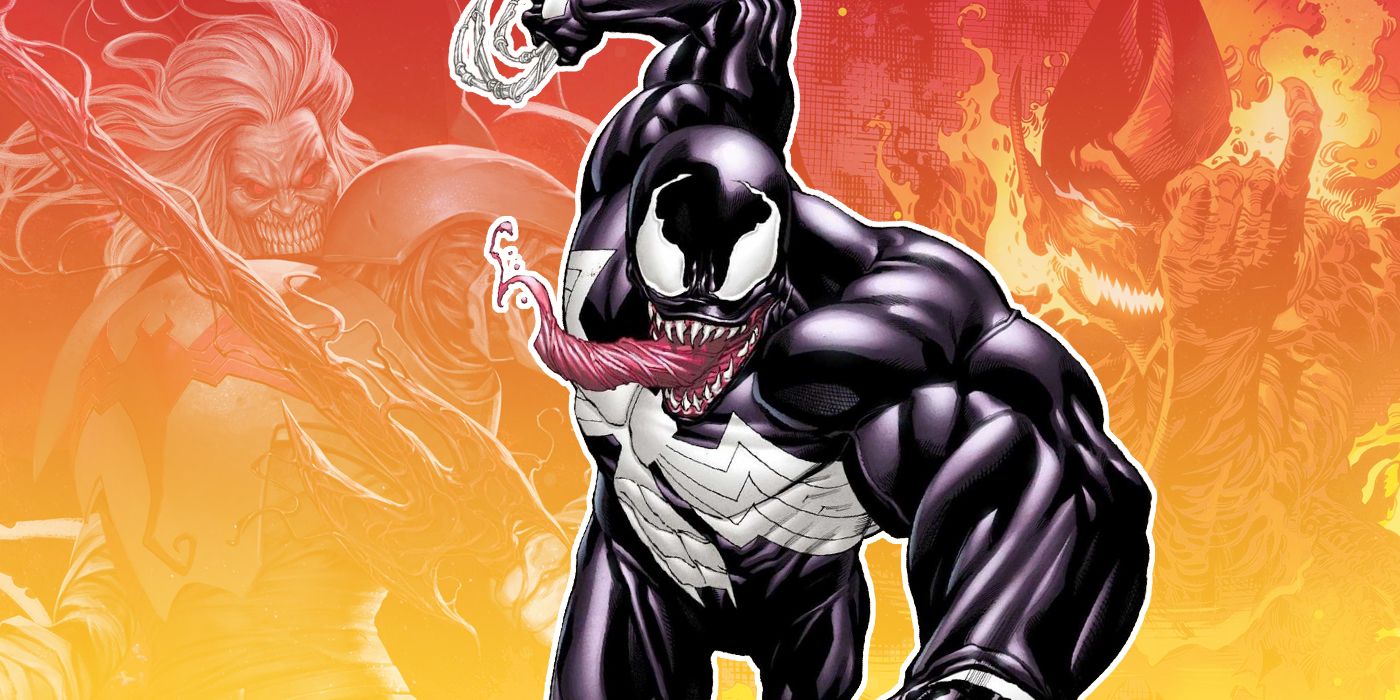 Venom swinging with Knull and Red Goblin in the background