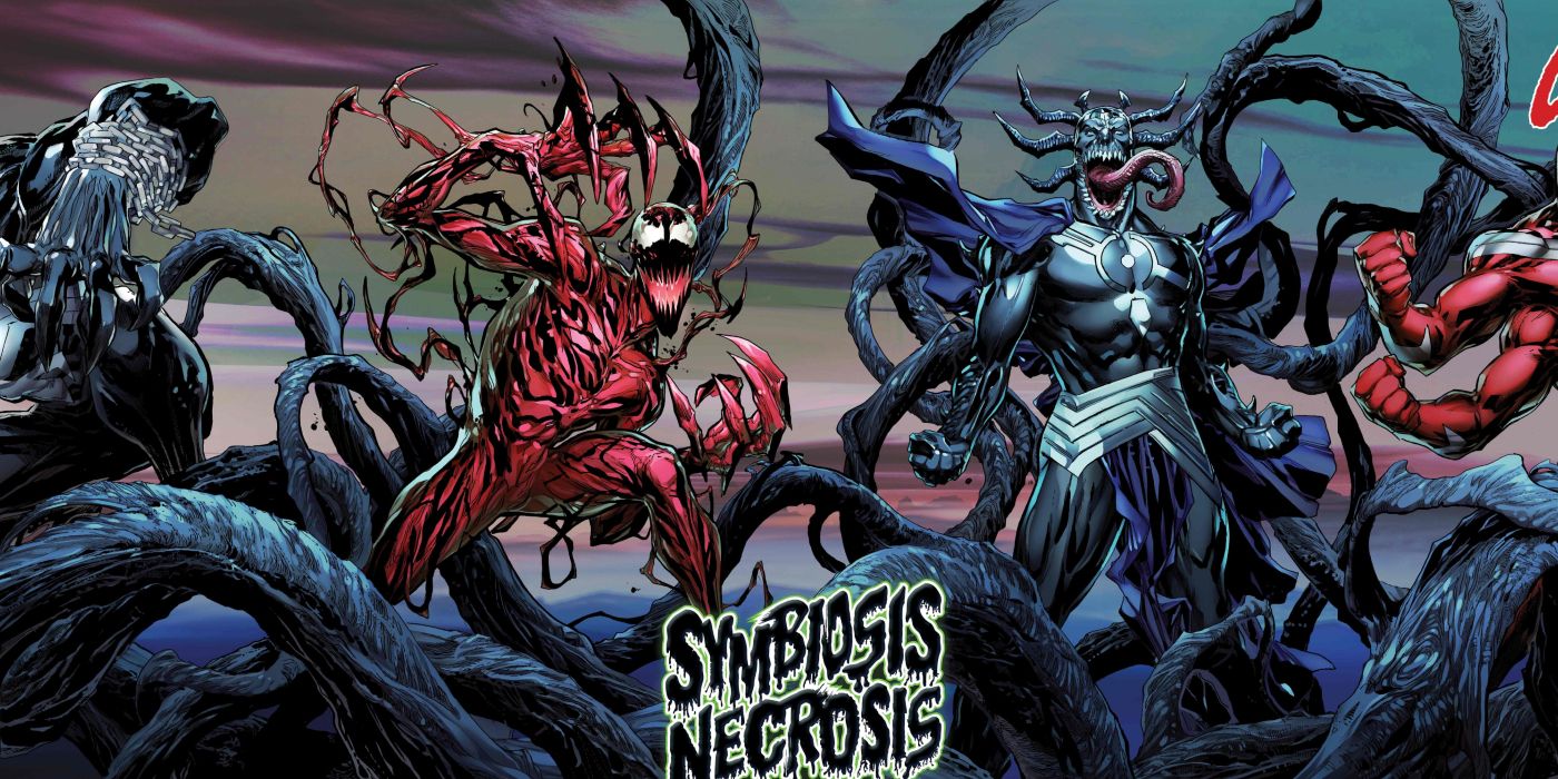Carnage and Knull attacking other symbiotes in Marvel's Necrosis Symbiosis banner