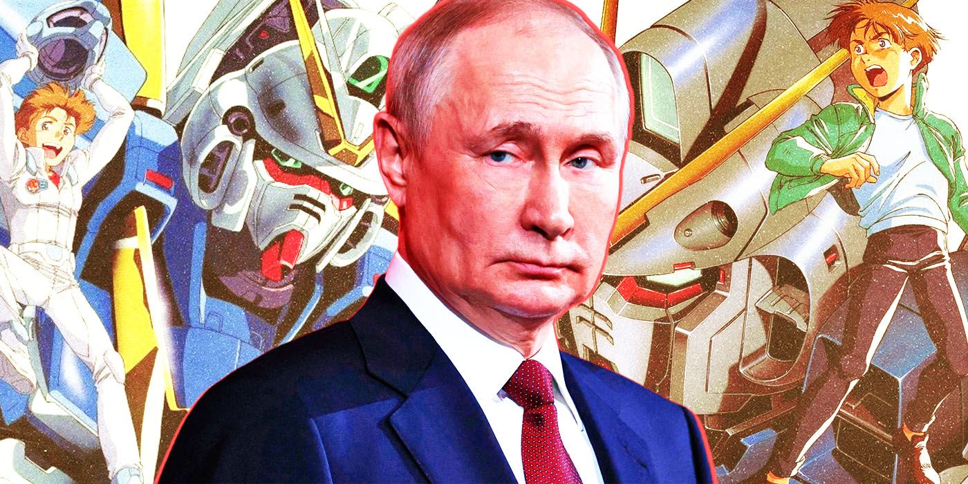 Vladimir Putin atop a collage of the Mobile Suit Victory Gundam anime series