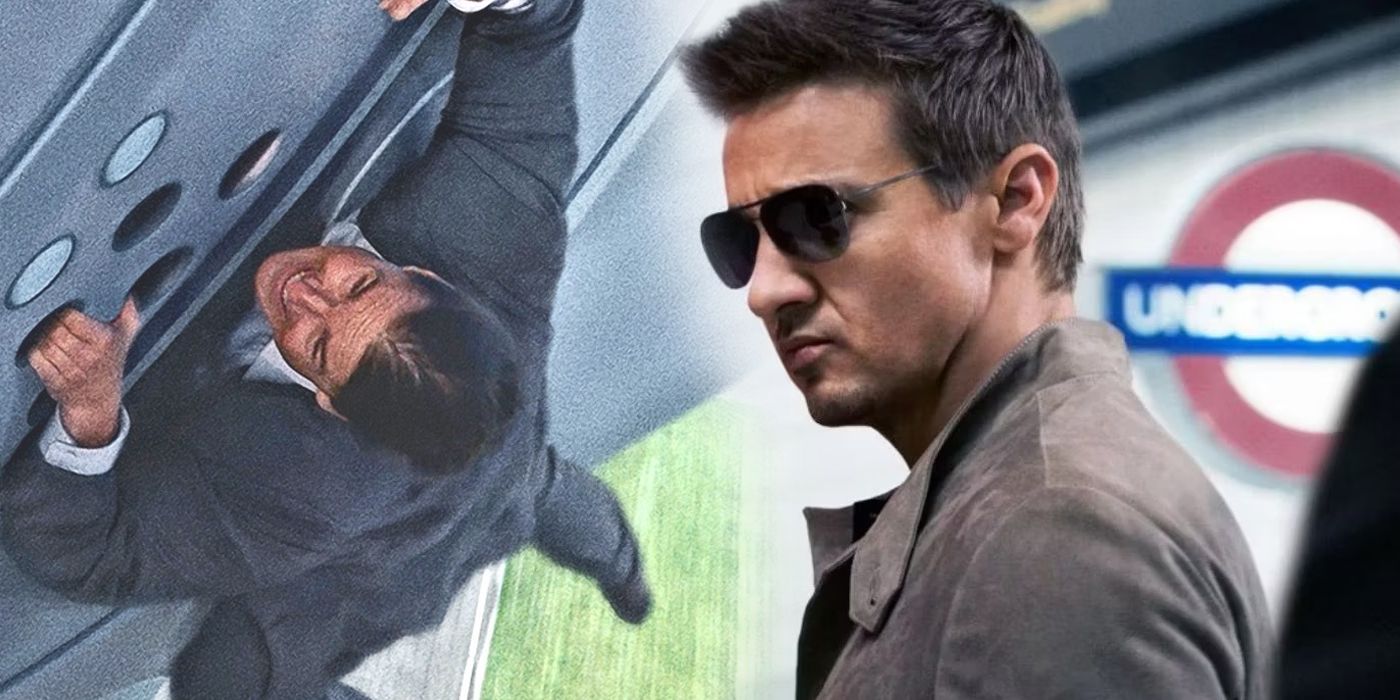Jeremy Renner with Tom Cruise riding a plane from Mission: Impossible Rogue Nation