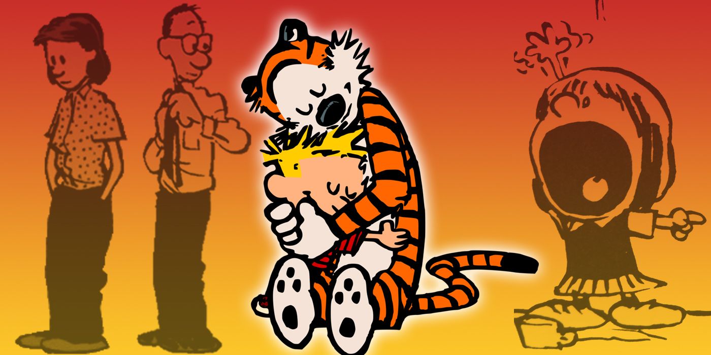 Calvin and Hobbes with various characters in the background