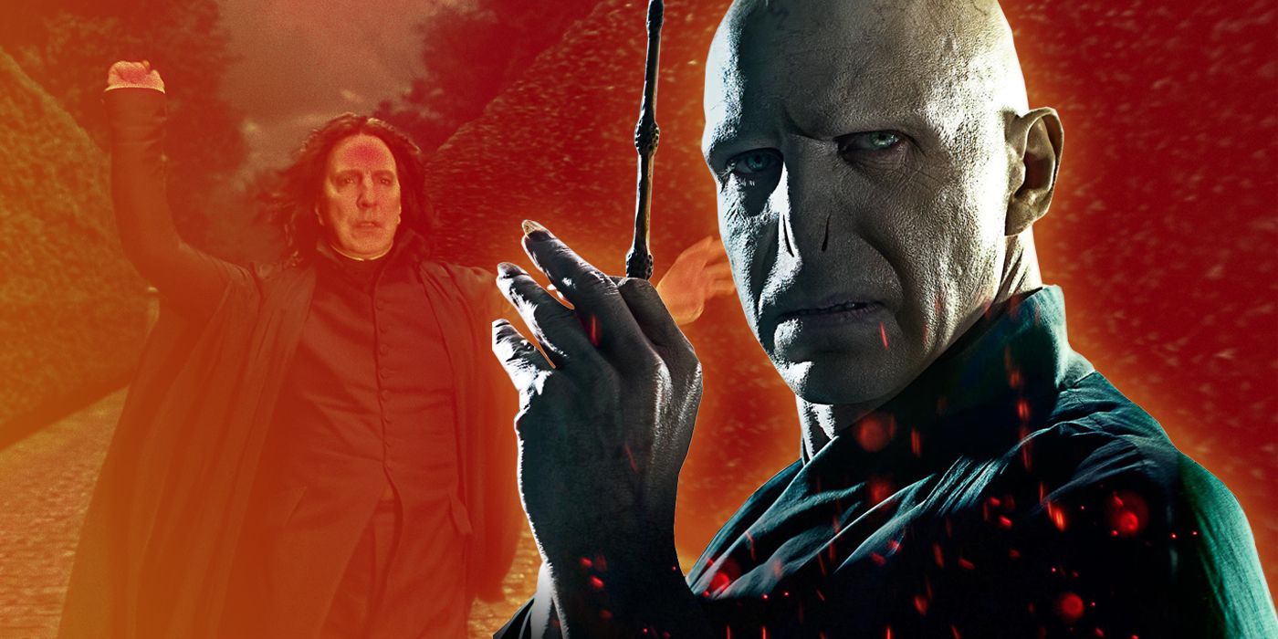 Voldemort from Harry Potter with Severus Snape casting a spell in the background