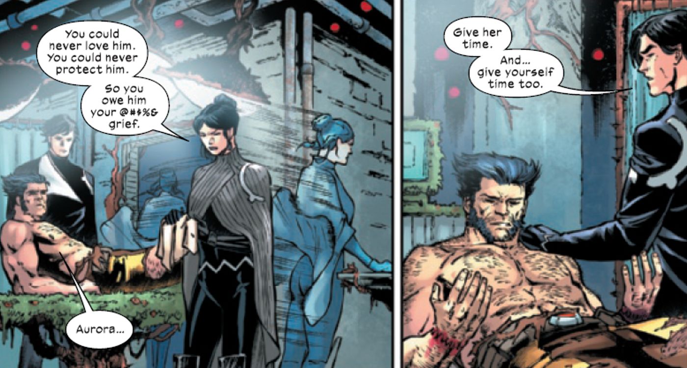 Wolverine sendo abordado por Aurora com acusações de que ele nunca amou verdadeiramente Akihiro