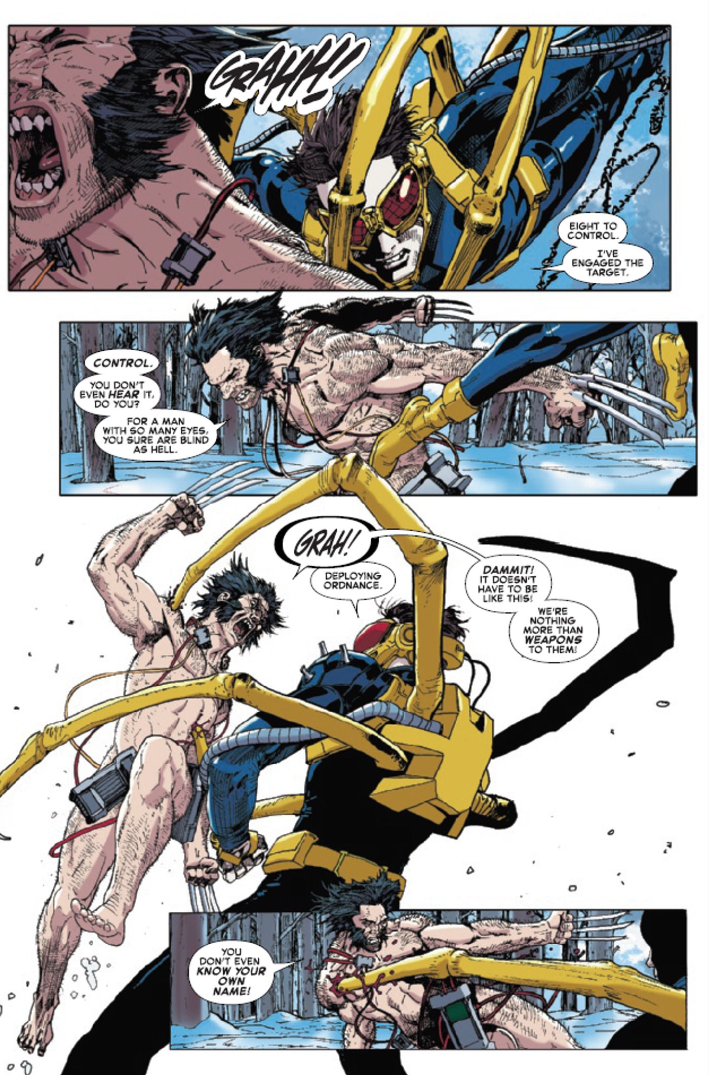 Wolverine lutando contra a arma parecida com uma aranha viii em uma floresta nevada no limite do verso-aranha 1