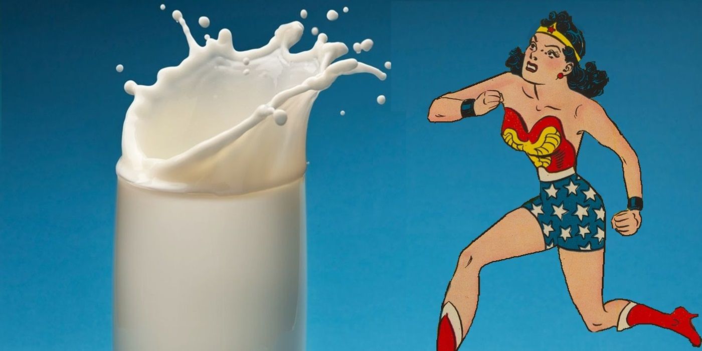 Wonder Woman facing a giant glass of milk
