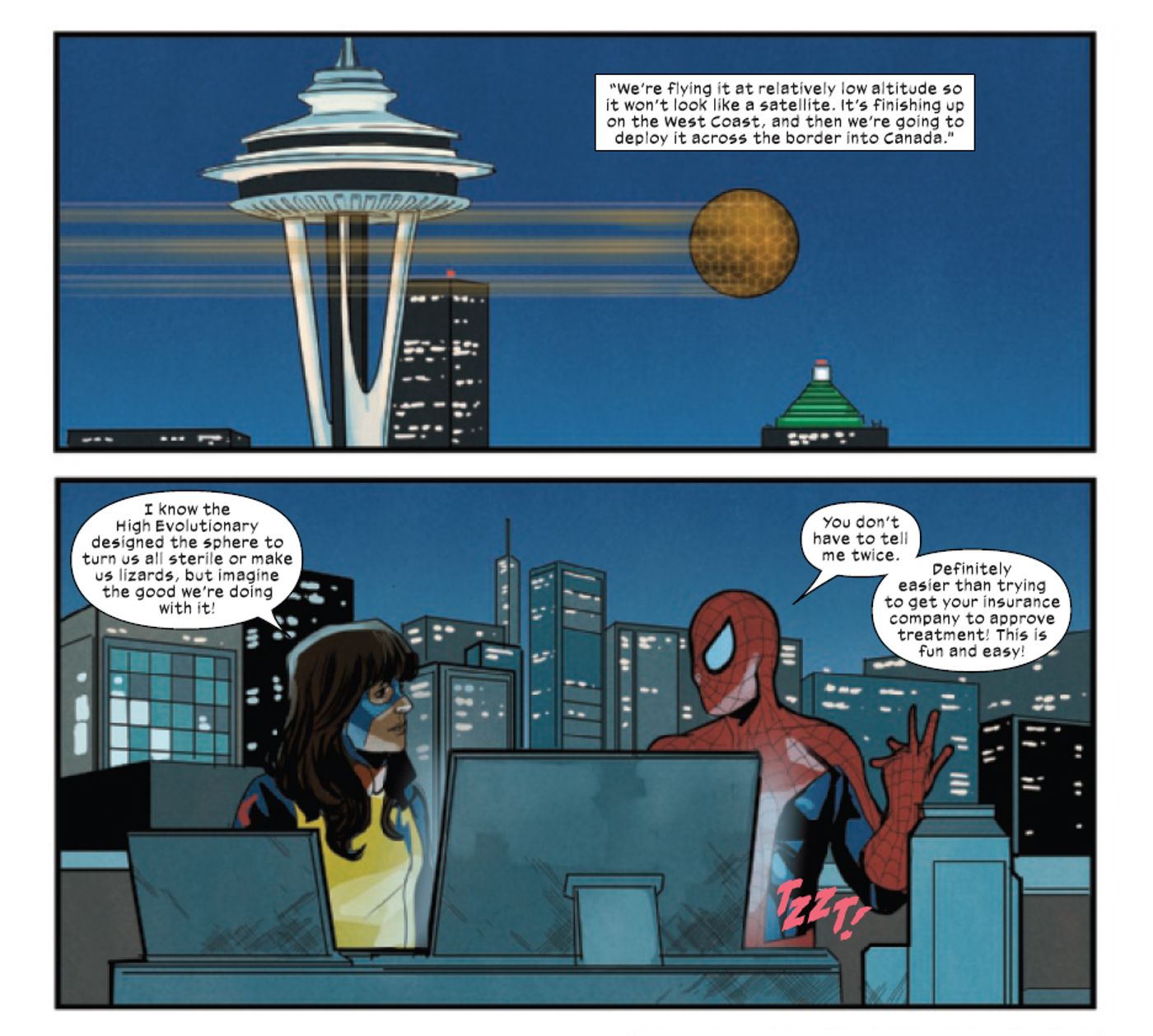 Peter Parker e Kamala Khan no telhado da Oscorp usando a tecnologia do Alto Evolucionário para curar pessoas de Orchis manipulações dos medicamentos Krakoan