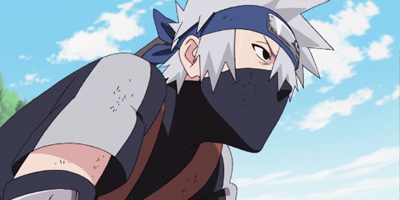 Young Kakashi Hatake hunches over to catch his breath in Naruto