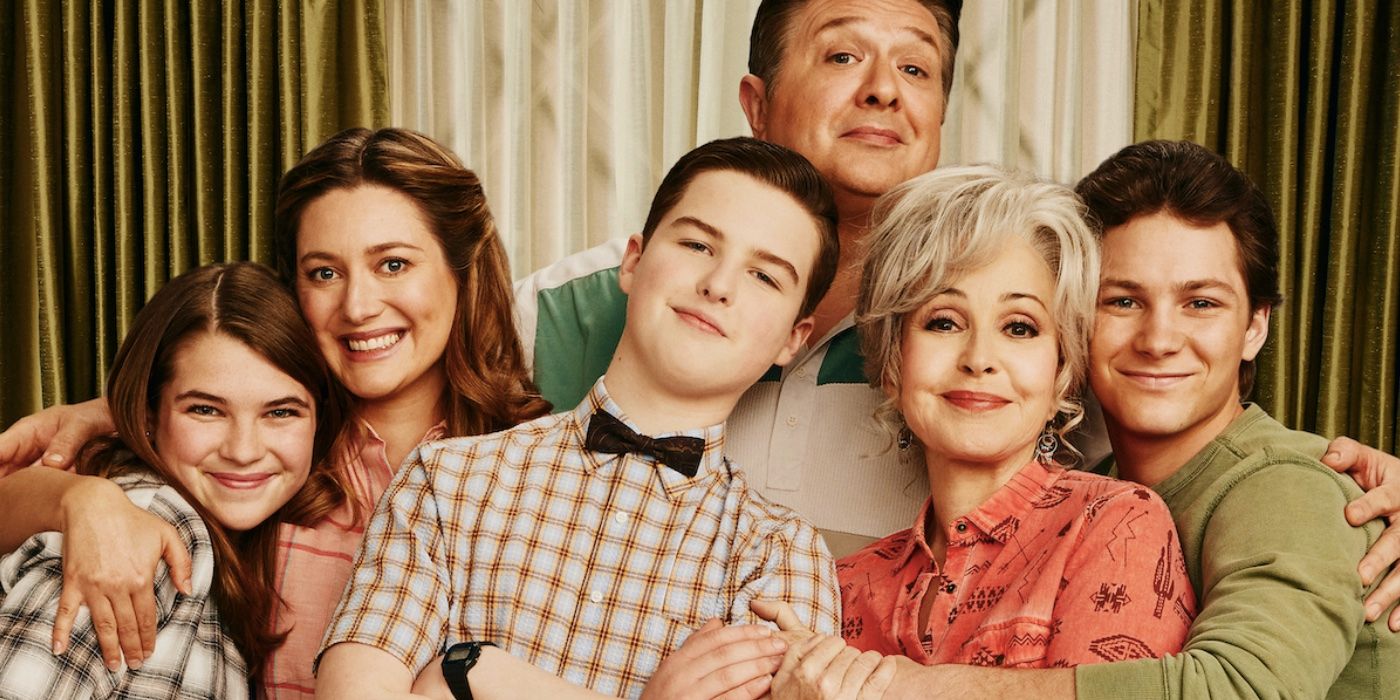 Missy, Mary, Sheldon, George and Georgie Cooper with Connie hugging each other on Young Sheldon
