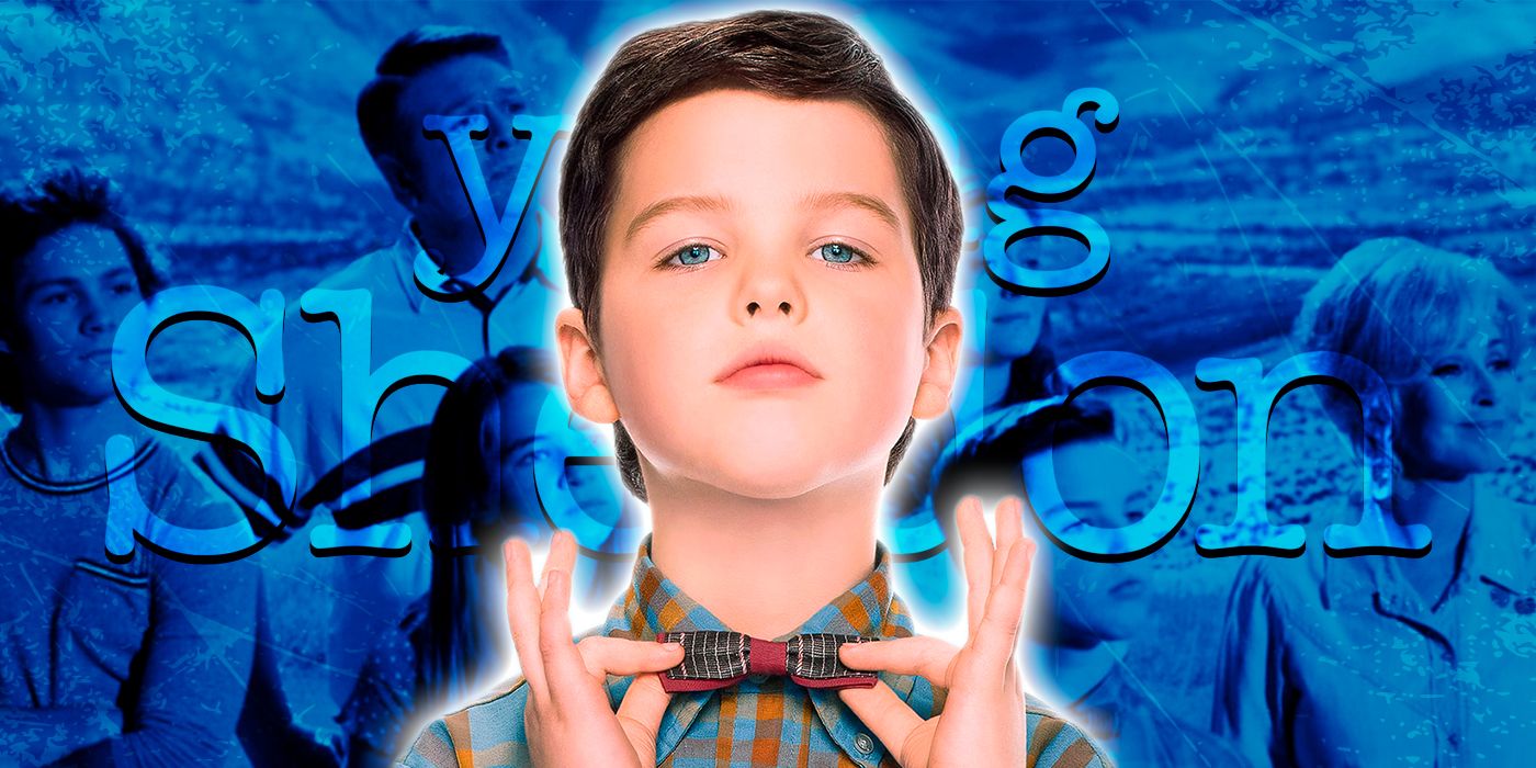 O jovem Sheldon ajeita a gravata diante de uma imagem estilizada do logotipo do programa e de sua família