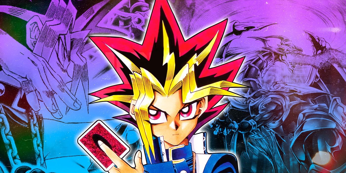 A collage of Yugi Mutou and scenes from the Yu-Gi-Oh! video games