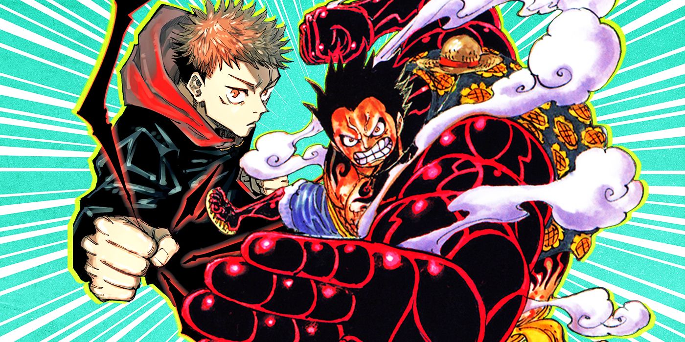 Yuji Itadori from Jujutsu Kaisen and Luffy from One Piece manga in fighting poses