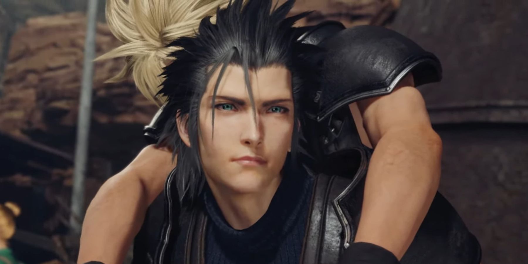 Zack Fair carrying an unconscious Cloud on his back in Final Fantasy VII Rebirth