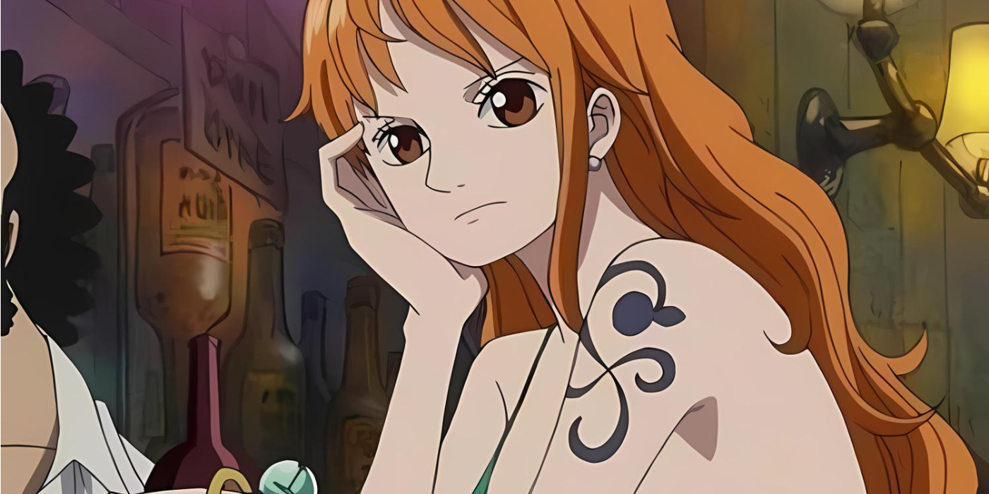 Nami sits pensively at a bar in One Piece