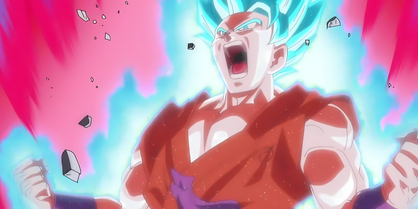 Super Saiyan Blue Kaioken Goku powers up in Dragon Ball Super.