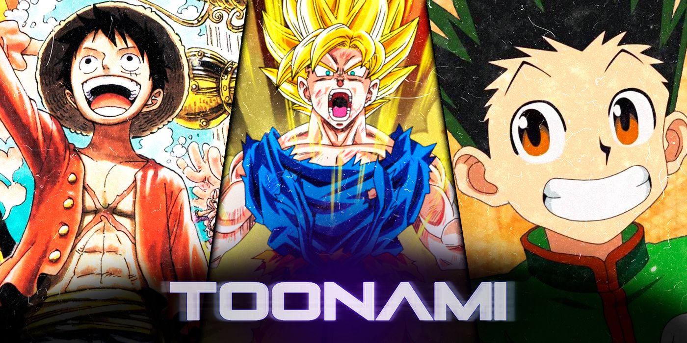 Toonami logo with a split screen of Dragon Ball Z’s Super Saiyan Goku, Hunter x Hunter and One Piece’s Luffy
