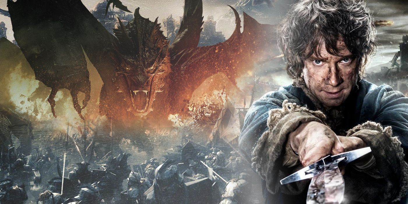 Bilbo with Smaug and the Five Armies from The Hobbit in the background