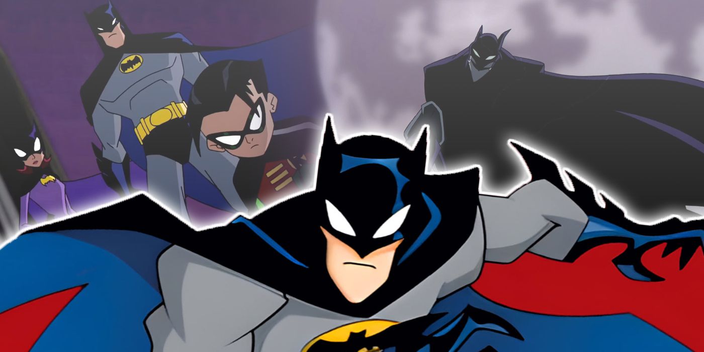 The Batman from the 2004 series with scenes from the best episodes in the background