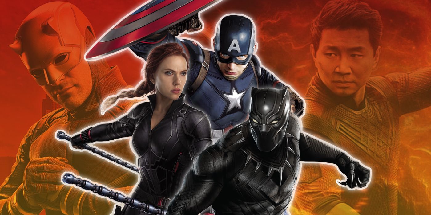 Collage of Captain America, Black Widow, Black Panther, Shang-Chi, and Daredevil from the MCU