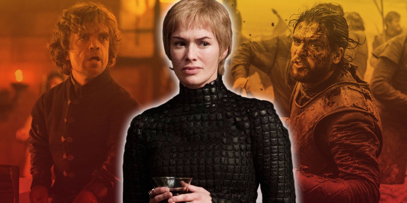 Cersei holding a glass with Tyrion on trial and Jon Snow in battle from Game of Thrones