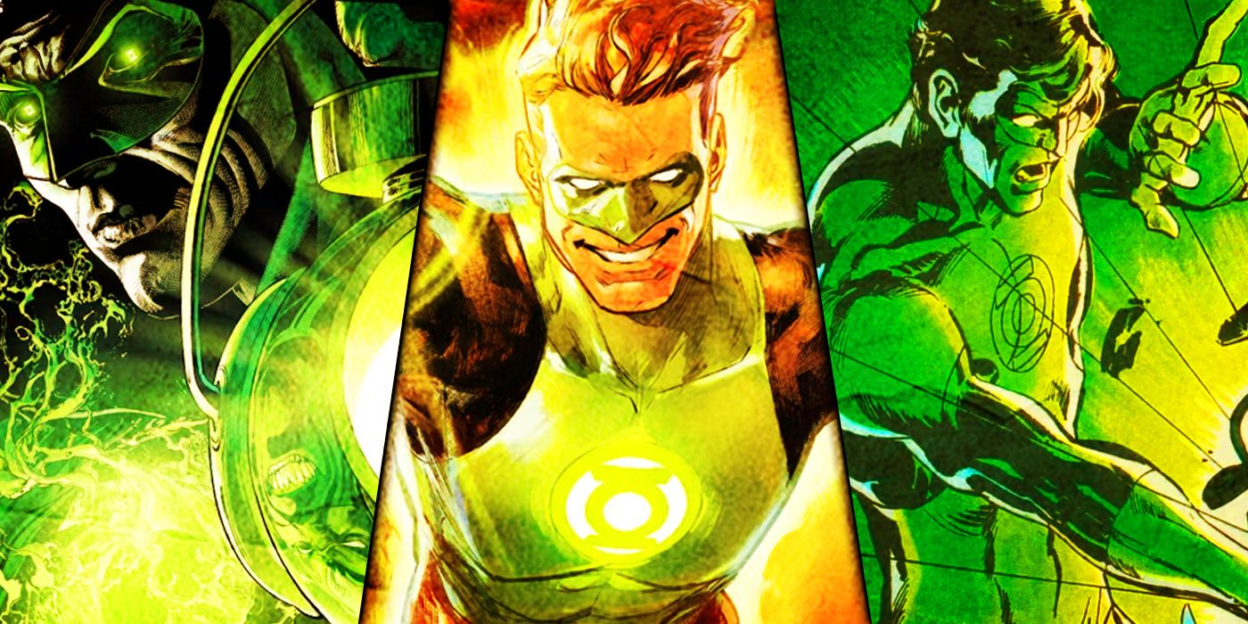 A collage of Hal Jordan posing and battling enemies in DC's Green Lantern comics