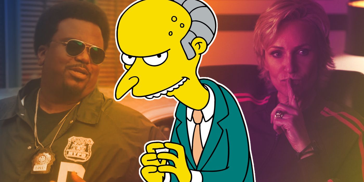 Collage of Mr. Burns from The Simpsons, Doug Judy from Brooklyn Nine-Nine, and Sue Sylvester from Glee