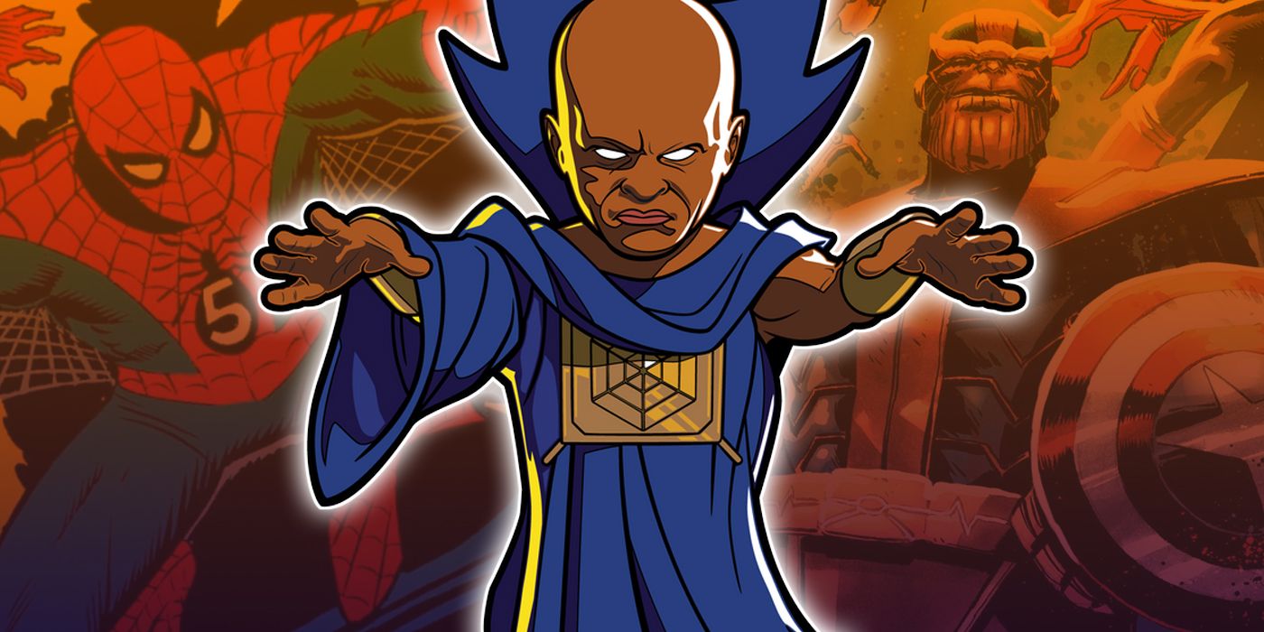 Uatu the Watcher with covers to What if...? comics in the background