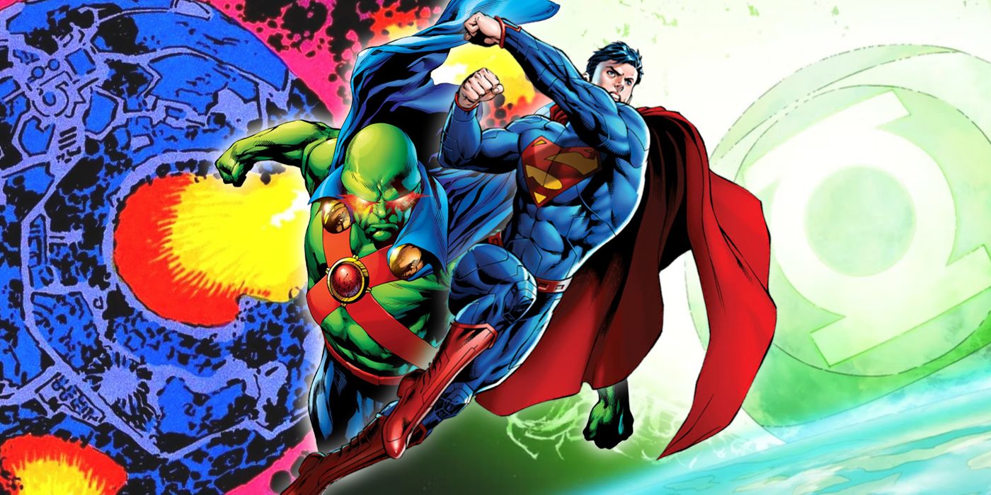 Superman and Martian Manhunter with Apokolips and Mogo from DC Comics in the background