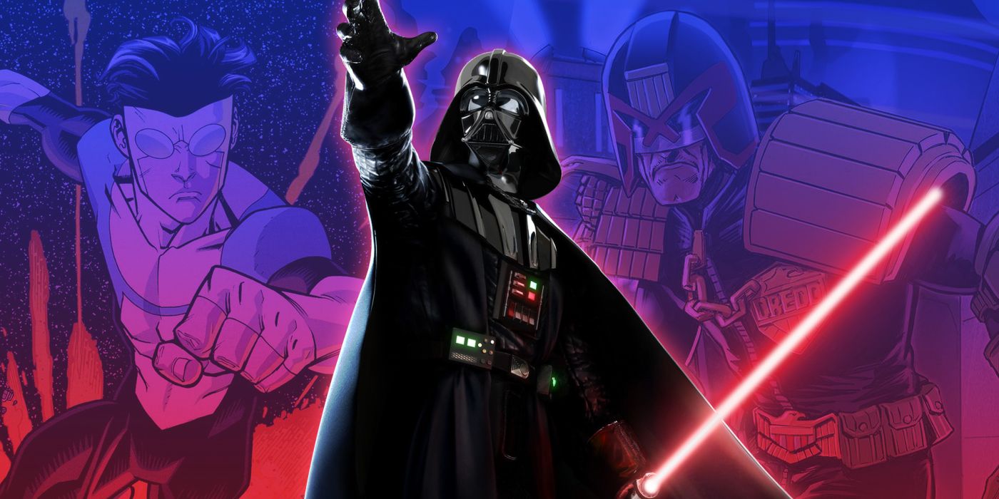 Darth Vader holding a lightsaber with invincible and Judge Dredd in the background
