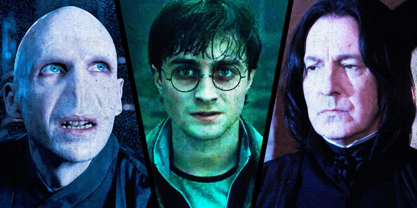 Ralph Fiennes as Lord Voldemort, Daniel Radcliffe as Harry Potter and Alan Rickman as Severus Snape
