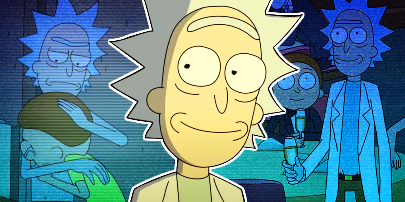 Rick Sanchez smiles with images of him and Morty in the background