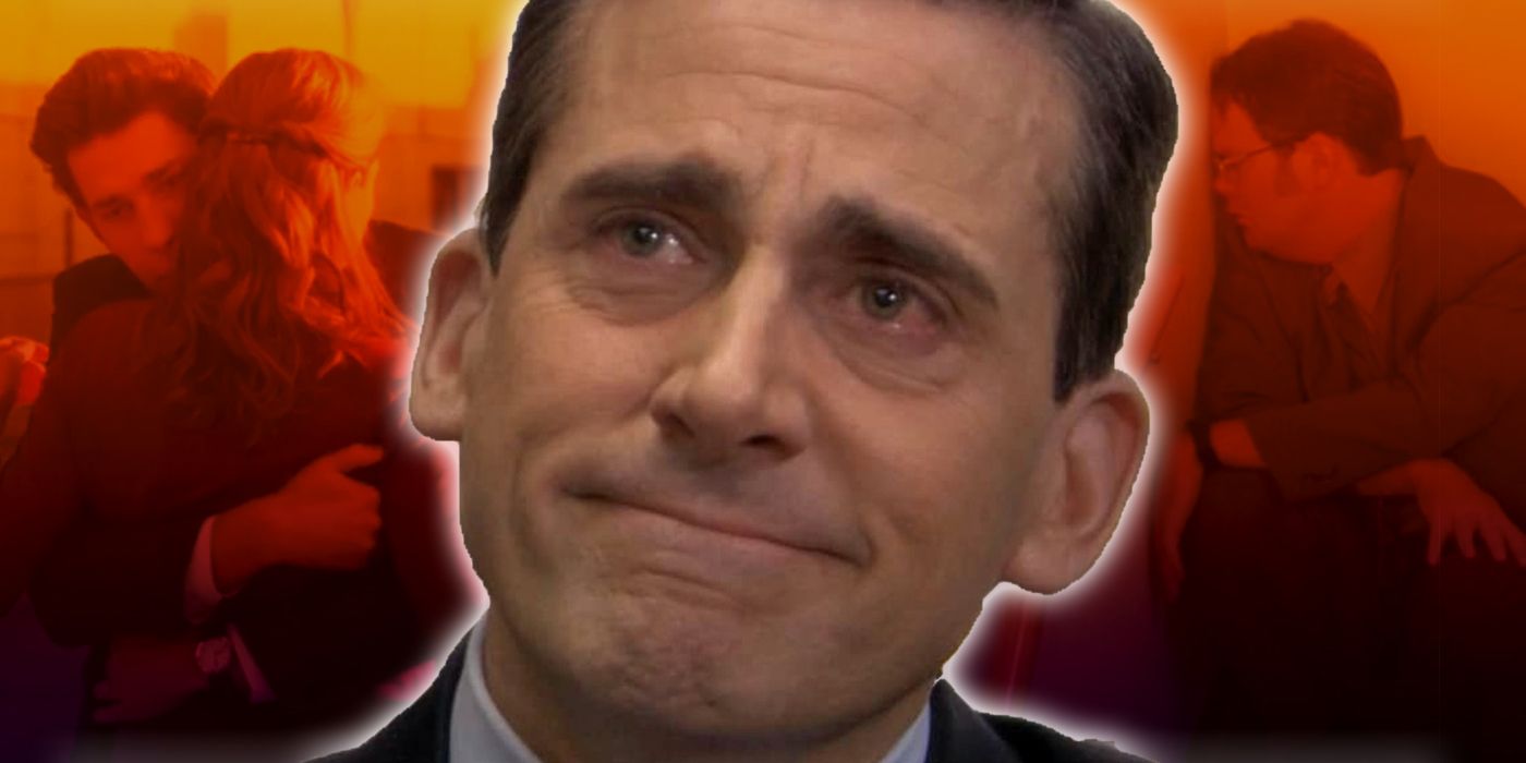 Michael Scott crying with scenes from The Office in the background