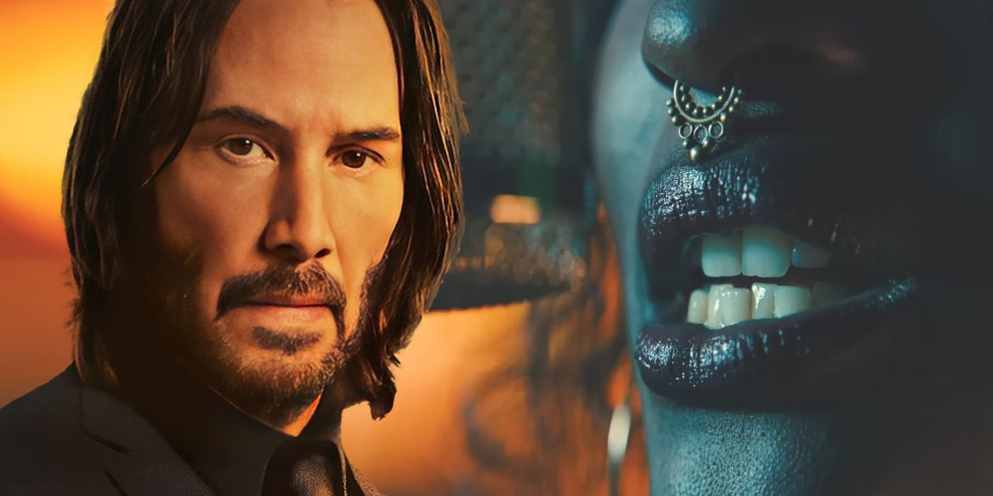 John Wick with a closeup of a woman's lips and a microphone in the background