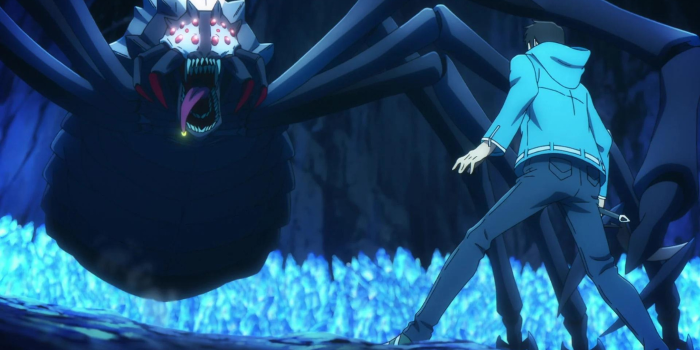 Buryura, o aracnídeo gigante, ataca Jin-woo em Solo Leveling