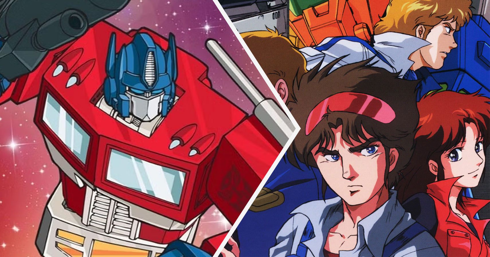 2 way split of Optimus Prime from Transformers and the cast from the Dorvack anime