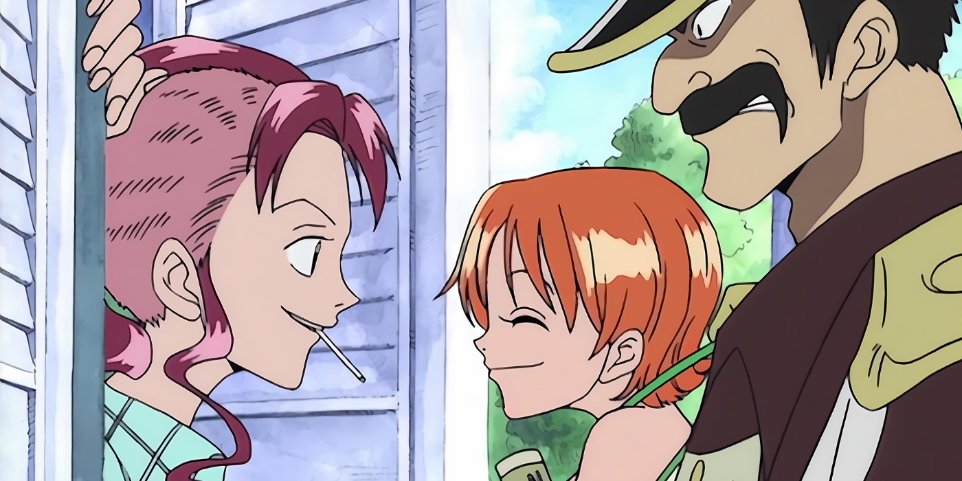 Bell-mere, a smiling Nami, and Genzo in One Piece