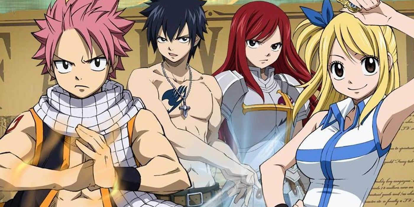 Natsu, Gray, Erza and Lucy from the Fairy Tail anime posing