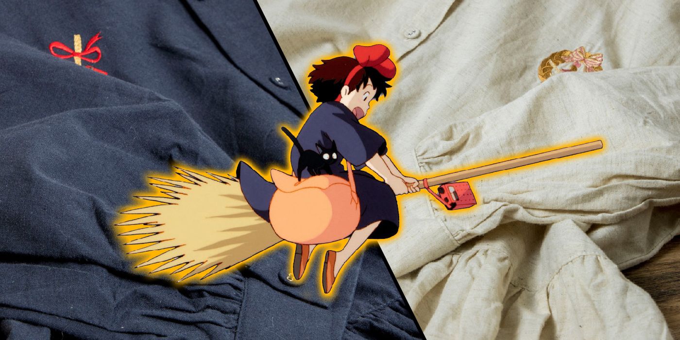 Kiki and Jiji from Studio Ghibli Kiki's Delivery Service flying on a broom with shirt dresses