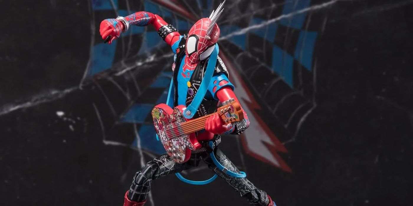 Spider-Punk action figure playing guitar.