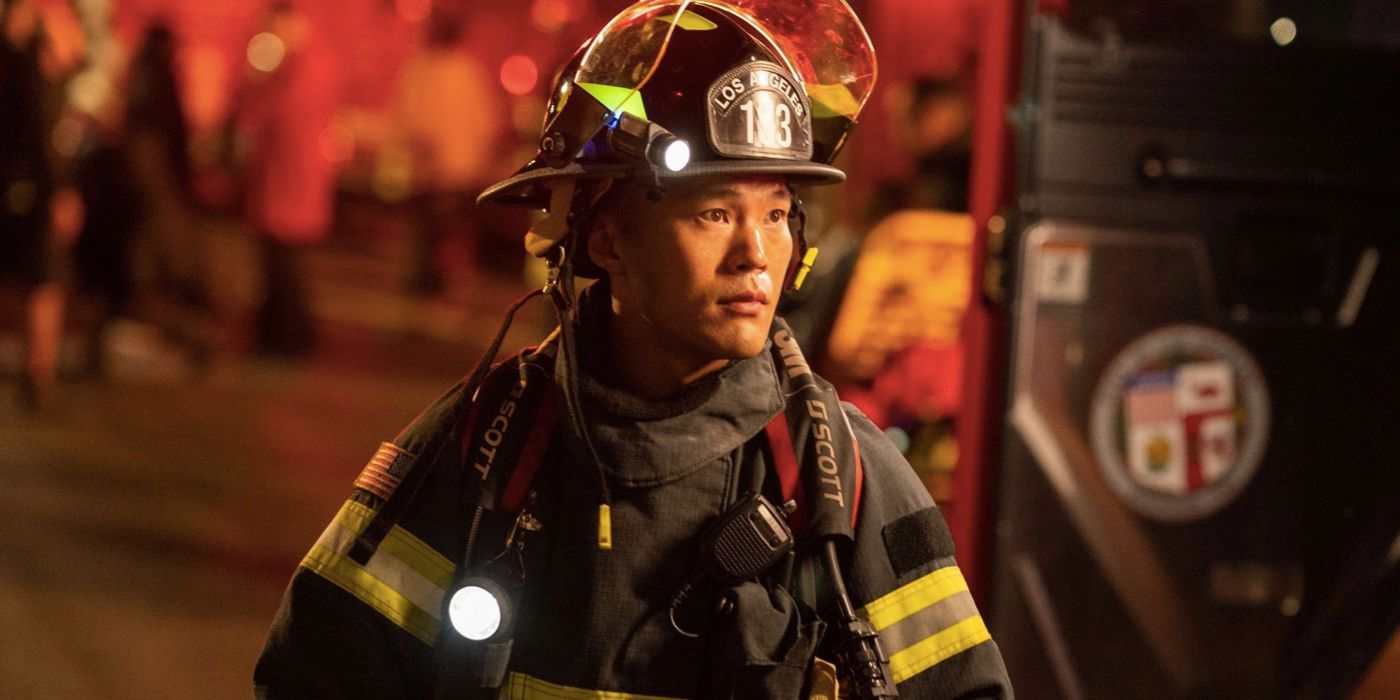 Albert Han wearing a firefighter uniform on 9-1-1