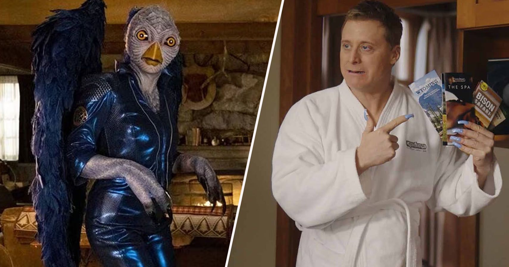 Split of Blue Avian alien and Alan Tudyk holding brochures in Resident Alien Season 3, Episode 3