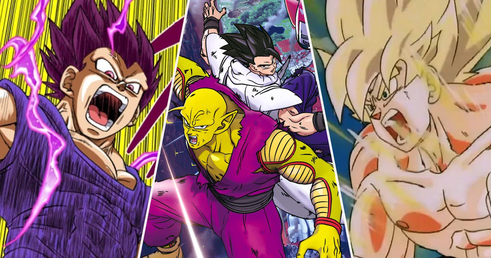 a 3 way split of Ultra Ego Vegeta and Super Saiyan Goku screaming at Gohan and Piccolo from Dragon Ball Super Super Hero