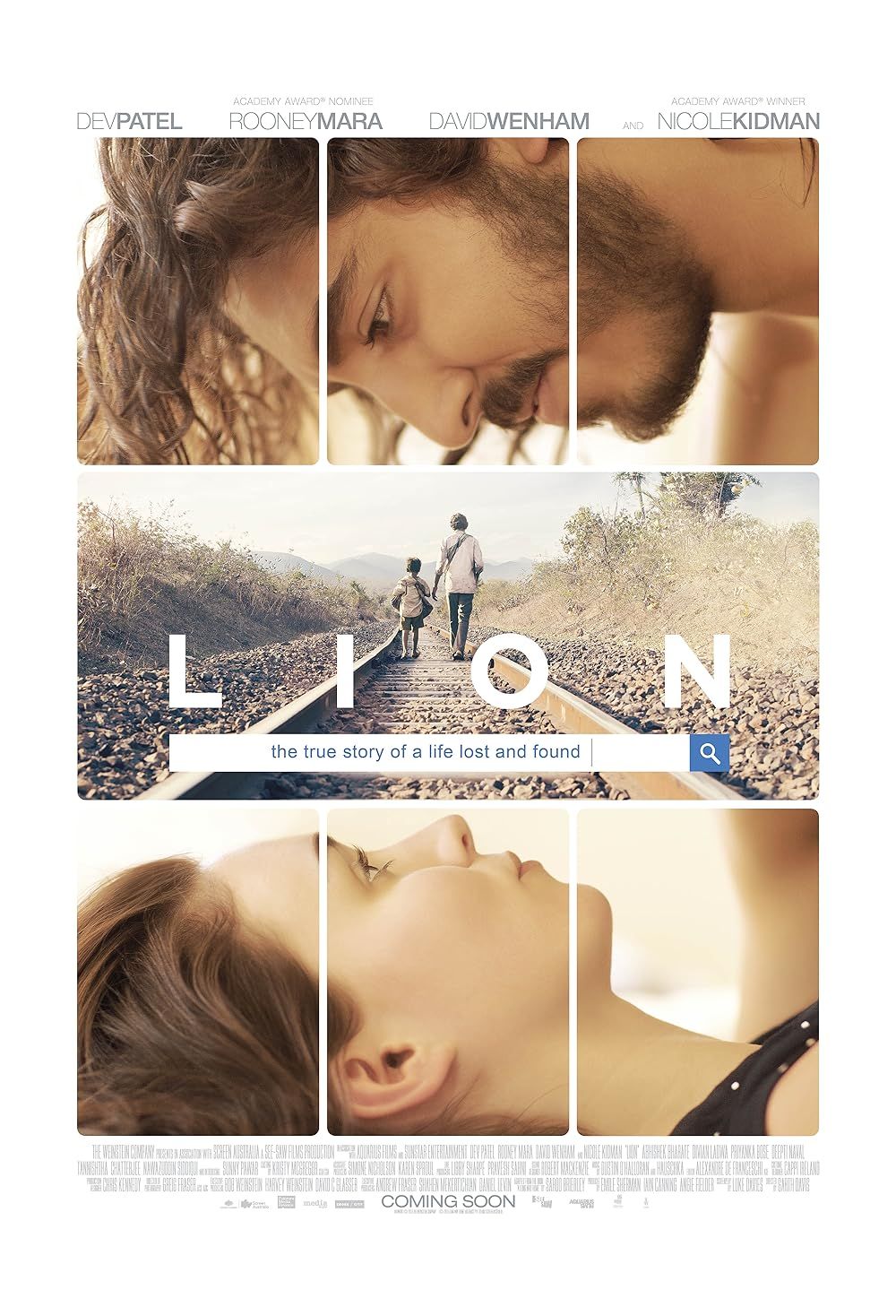 A composite image features Dev Patel, Rooney Mara, and two people walking along a railroad track in Lion