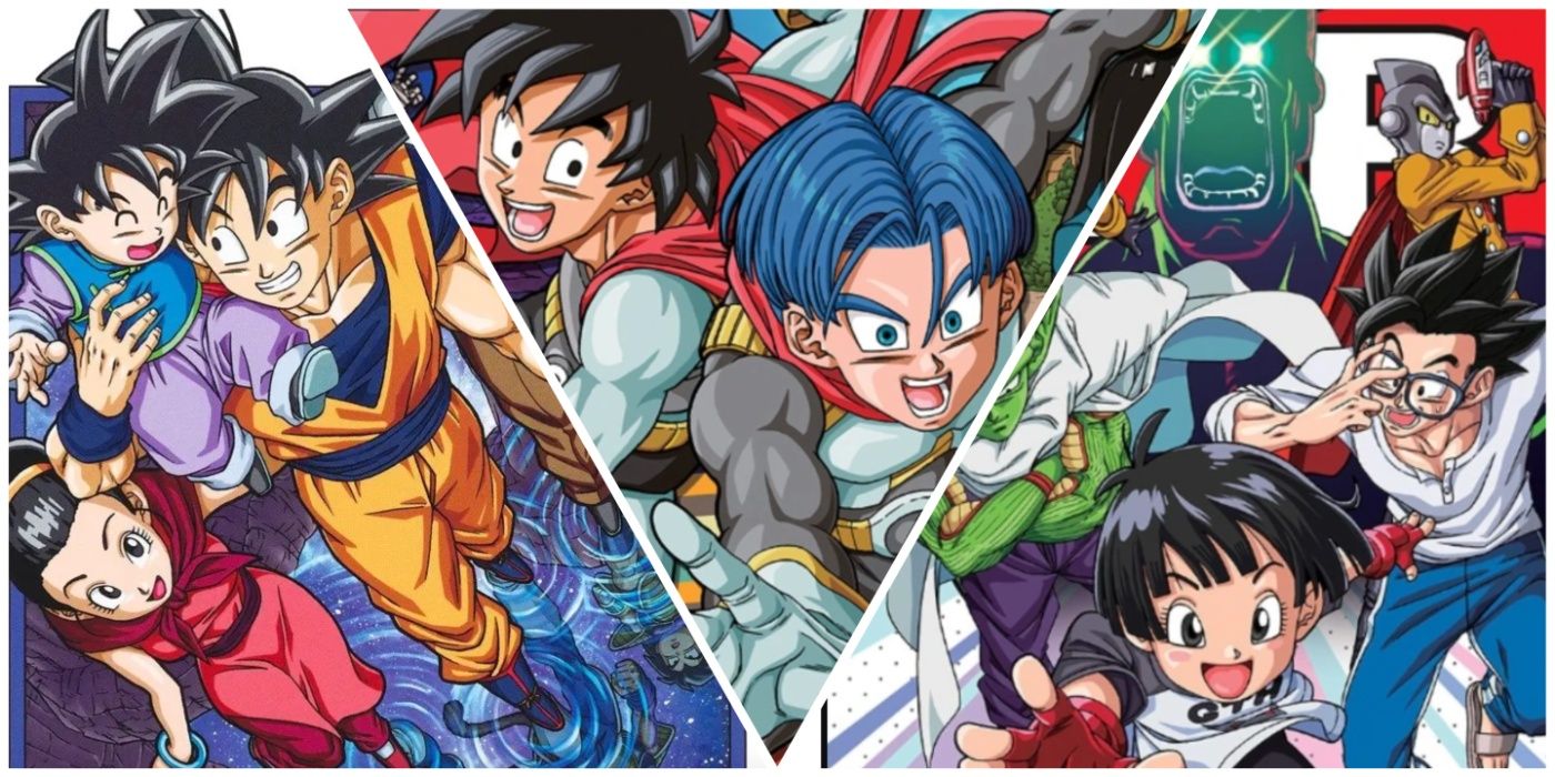 Goku's family, Goten and Trunks, and Gohan and Pan from Dragon Ball Super's Super Hero Saga.