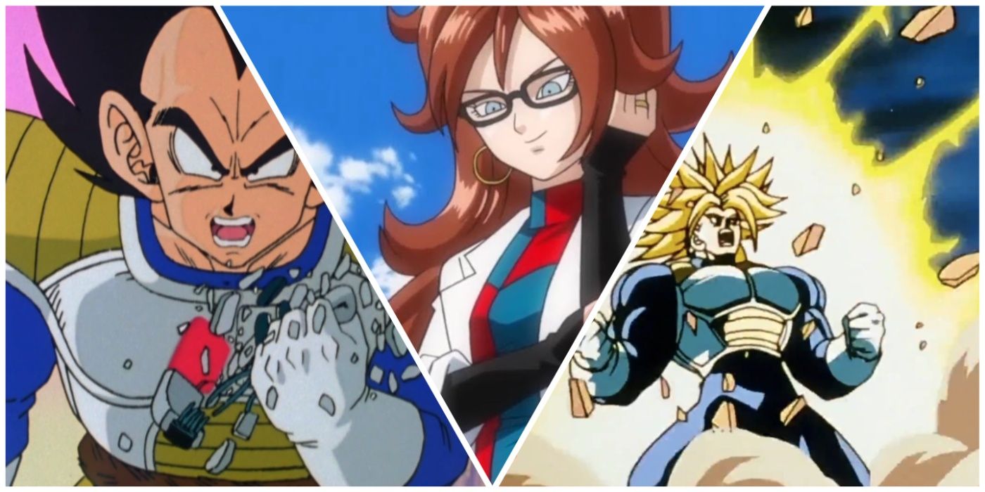 Vegeta crushing his scouter, Android 21, and Future Trunks powering up in Dragon Ball.