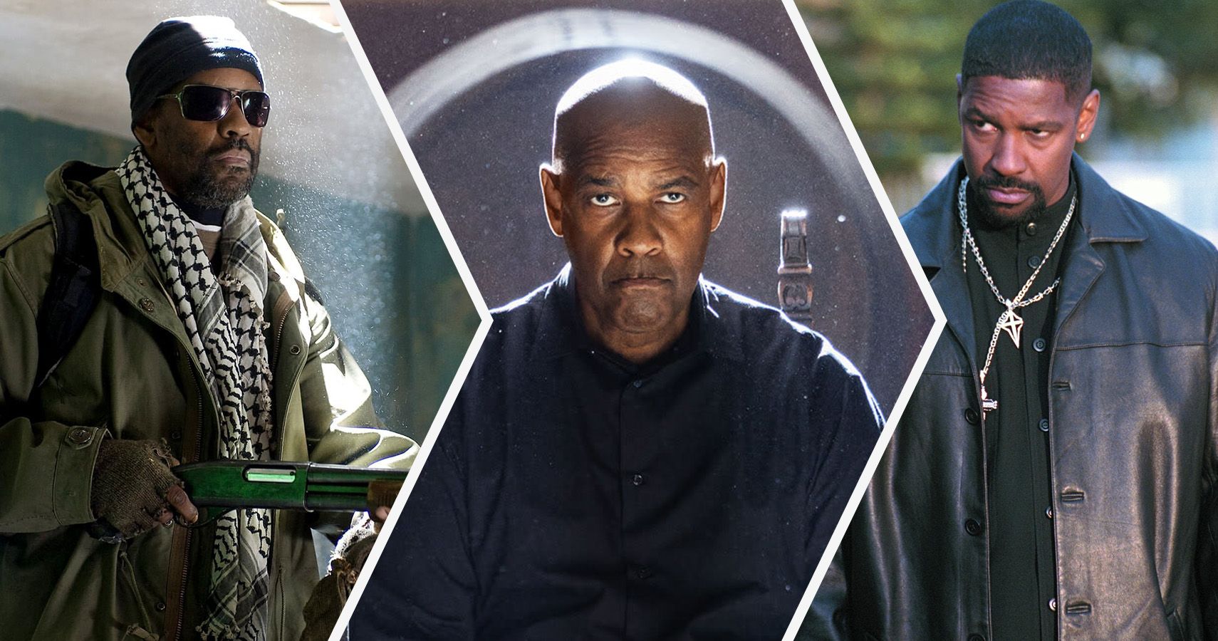 A split image of Denzel Washington in The Book of Eli, Equalizer, and Training Day