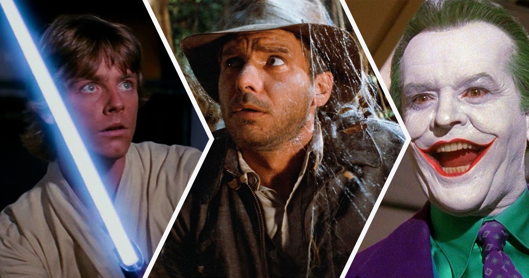A split image of Luke Skywalker in A New Hope, Indiana Jones in Raiders of the Lost Ark, and The Joker in Batman 1989