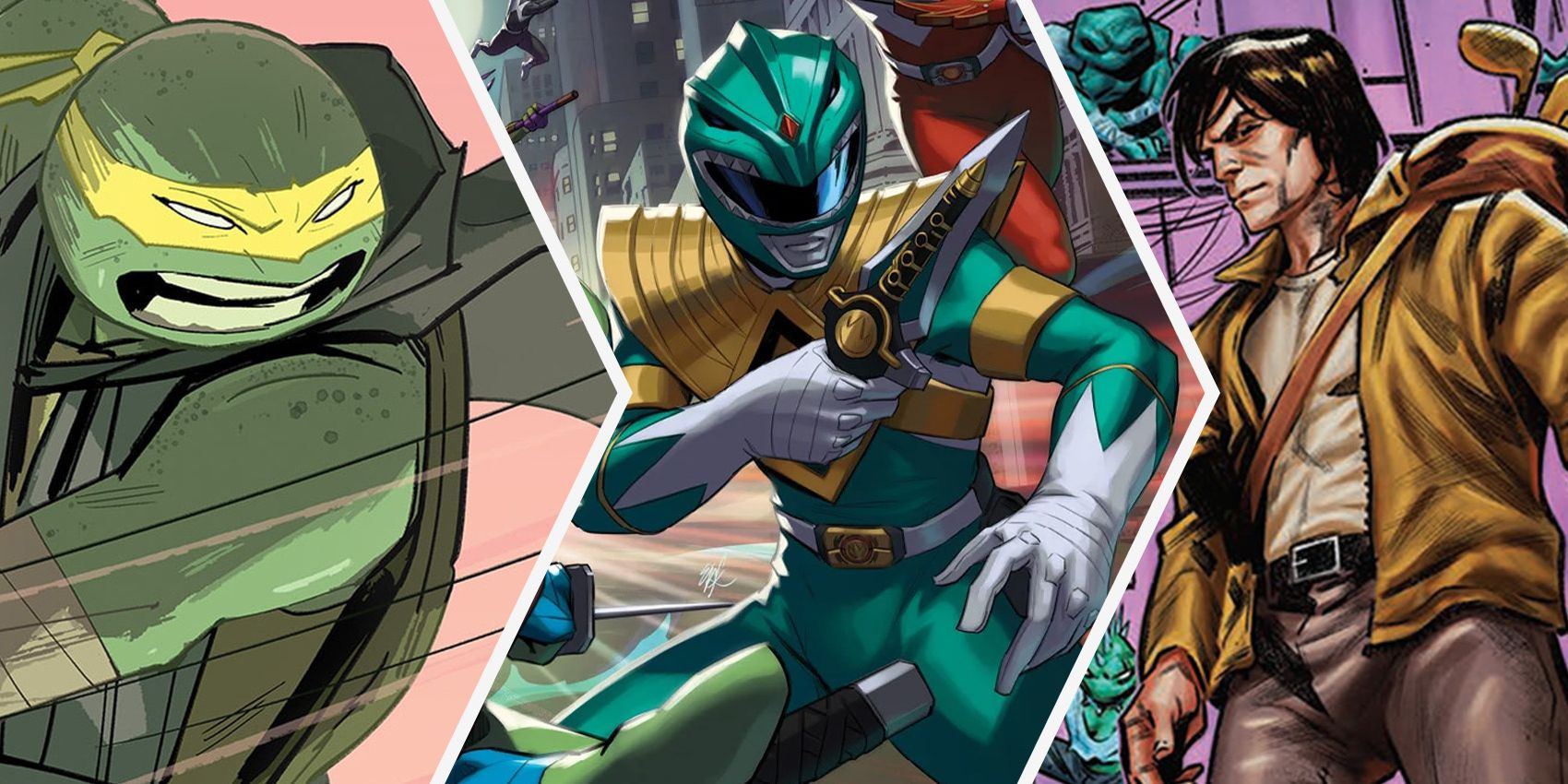 A split image of TMNT allies Jennika, The Mighty Morphin Power Rangers, and Casey Jones
