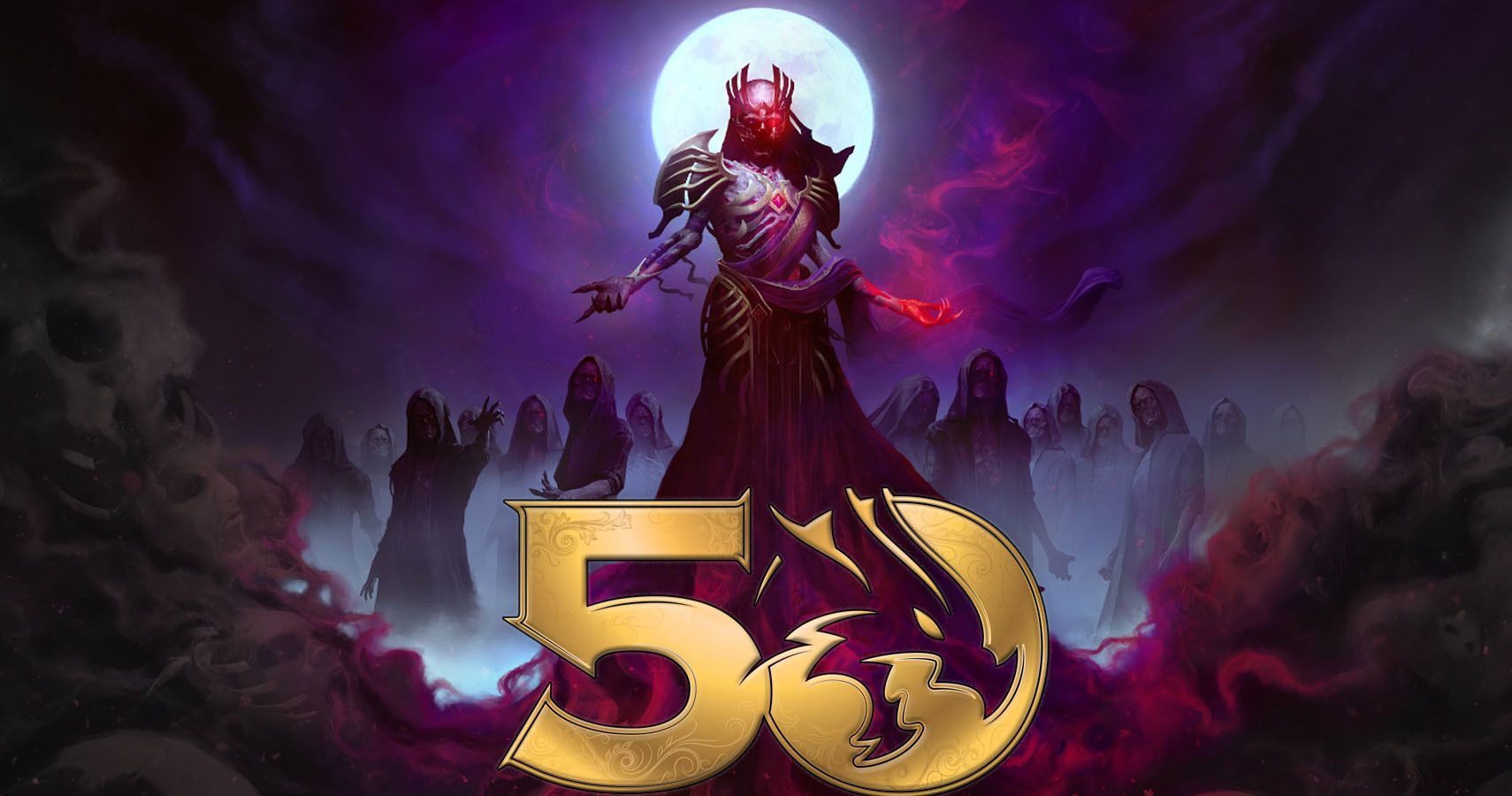 A wallpaper of Vecna with a 50th anniversary DnD logo on top