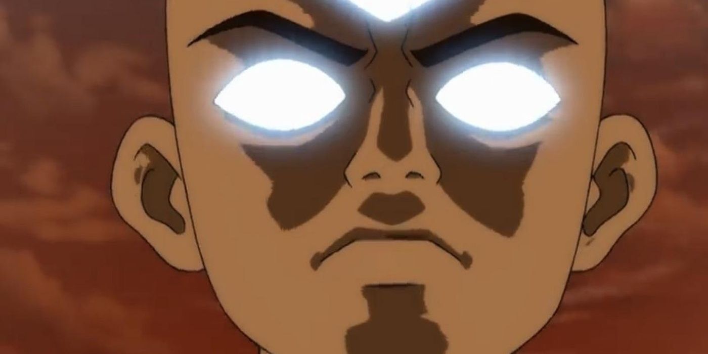 Aang está no estado de avatar contra um céu vermelho