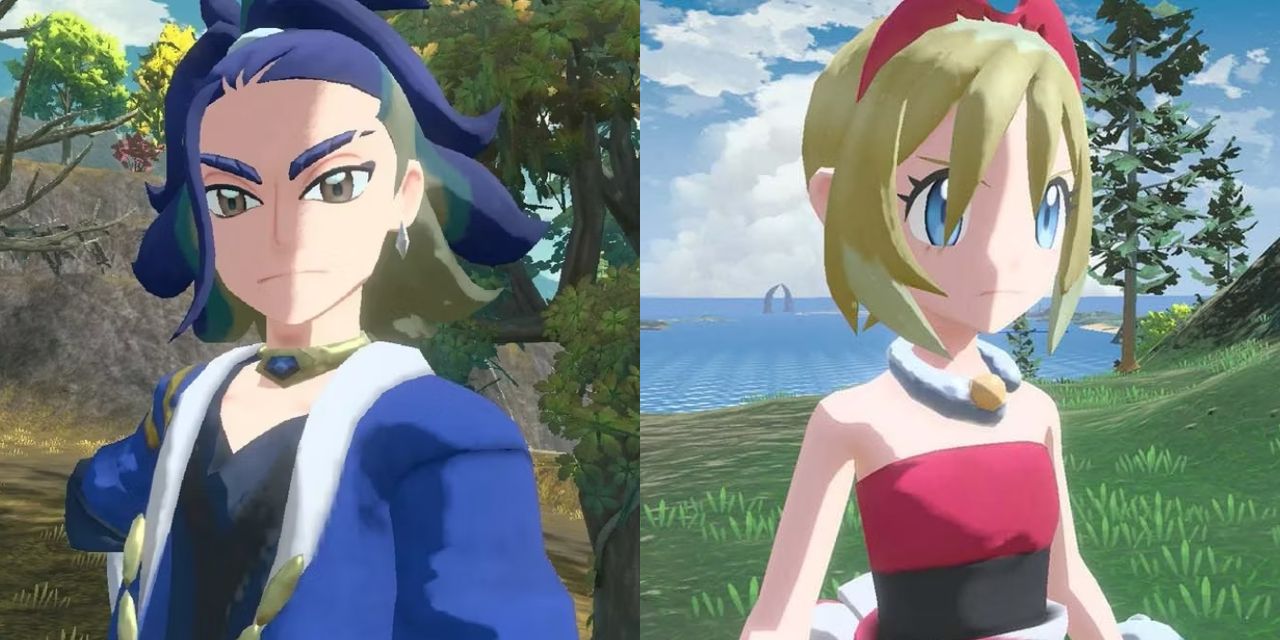 Una imagen dividida de Adaman hablando con el jugador e Irida vistiendo su uniforme del Clan Perla en Pokémon Legends: Arceus.